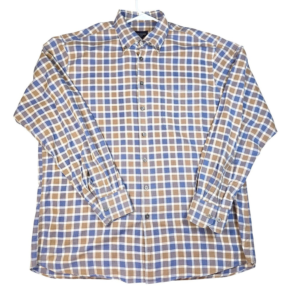 Scott Barber Mens XL Blue Brown Plaid Cotton Button Down Shirt Long Sleeve L/S
